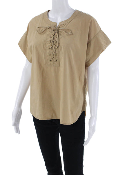 J Crew Womens Short Sleeves Lace Up Neck Blouse Camel Beige Cotton Size 8