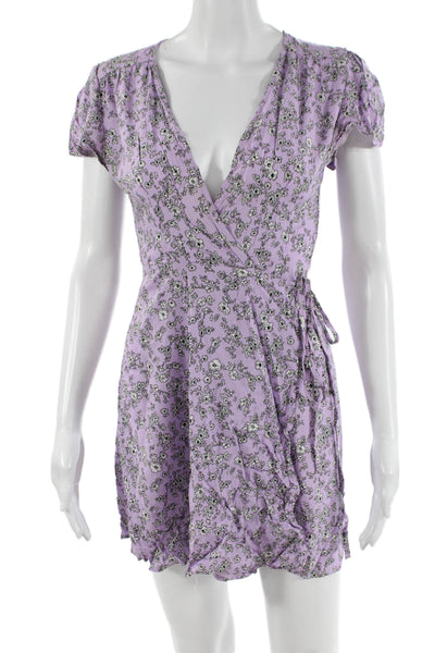S Zaful Womens Floral Print A Line Wrap Dress Lavender Purple White Size 2