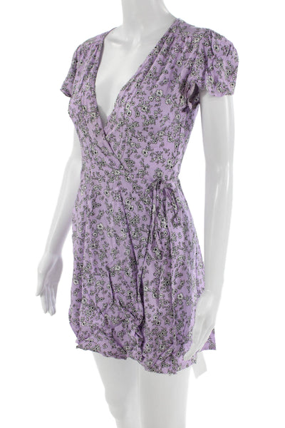 S Zaful Womens Floral Print A Line Wrap Dress Lavender Purple White Size 2