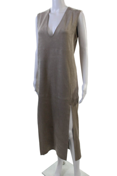 Shan Womens Suede Textured V-neck Sleeveless Lined Mid Length Dress Tan Size 06