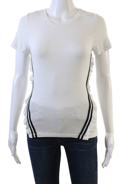 Design History Womens Striped Print Ruffled Short Sleeve Blouse White Size XS