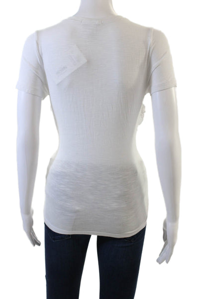 Design History Womens Striped Print Ruffled Short Sleeve Blouse White Size XS