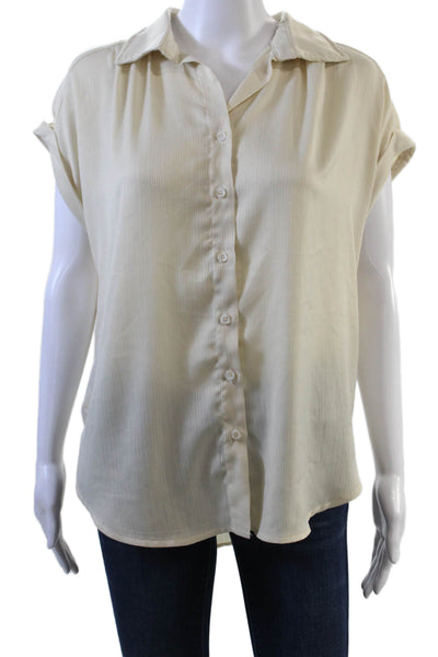 Commense Womens Ribbed Buttoned-Down Cuffed Short Sleeve Blouse Top Beige S