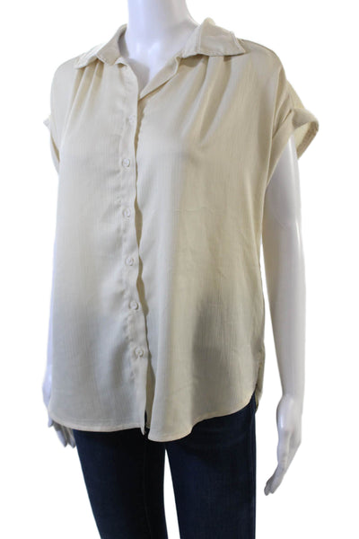 Commense Womens Ribbed Buttoned-Down Cuffed Short Sleeve Blouse Top Beige S