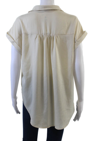 Commense Womens Ribbed Buttoned-Down Cuffed Short Sleeve Blouse Top Beige S