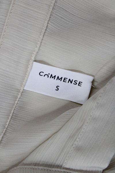 Commense Womens Ribbed Buttoned-Down Cuffed Short Sleeve Blouse Top Beige S