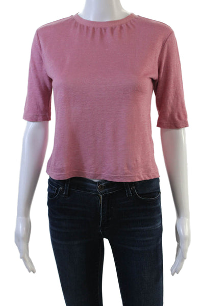 Vince Womens Linen Round Neck Cropped Short Sleeve T-Shirt Pink Size 2XS