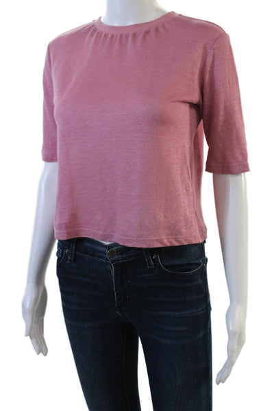 Vince Womens Linen Round Neck Cropped Short Sleeve T-Shirt Pink Size 2XS
