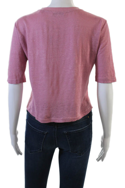 Vince Womens Linen Round Neck Cropped Short Sleeve T-Shirt Pink Size 2XS