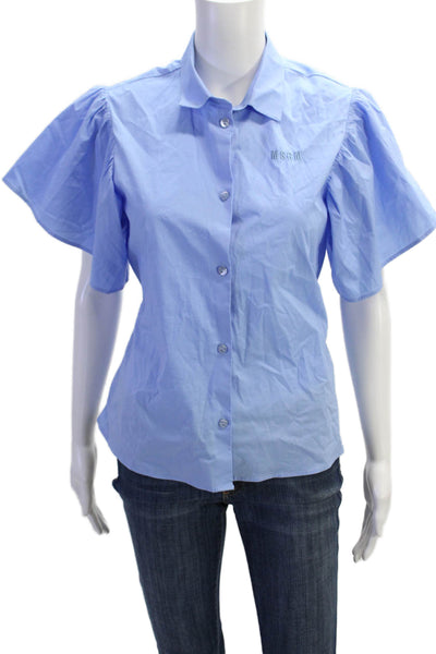 MSGM Girls Cotton Short Sleeve Button Up Collar Lined Blouse Blue Size S