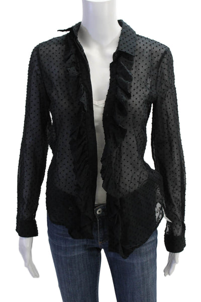 Pink Womens Cotton Long Sleeve Collar Polka Dotted Sheer Top Black Size S
