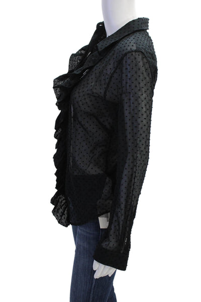 Pink Womens Cotton Long Sleeve Collar Polka Dotted Sheer Top Black Size S