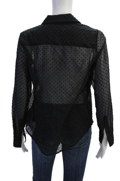 Pink Womens Cotton Long Sleeve Collar Polka Dotted Sheer Top Black Size S