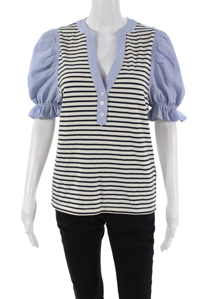 Do + Be Womens Textured Short Sleeve V-neck Button Stripe Top White Size S