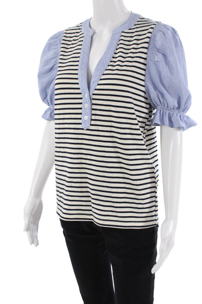 Do + Be Womens Textured Short Sleeve V-neck Button Stripe Top White Size S