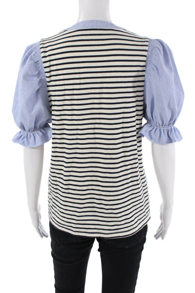 Do + Be Womens Textured Short Sleeve V-neck Button Stripe Top White Size S