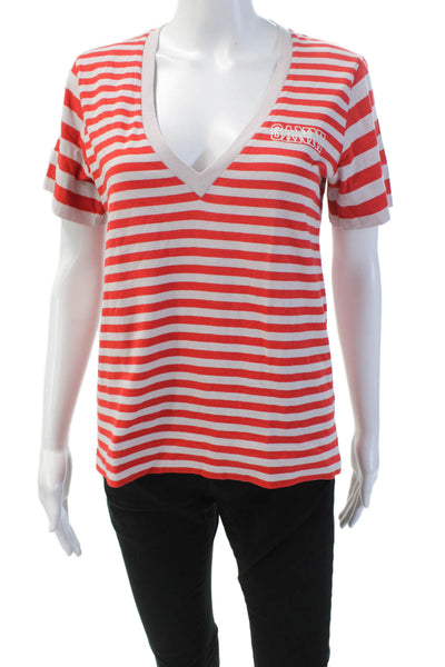 Ganni Womens Cotton V-Neck Short Sleeve Striped Print Casual Shirt Red Size 00