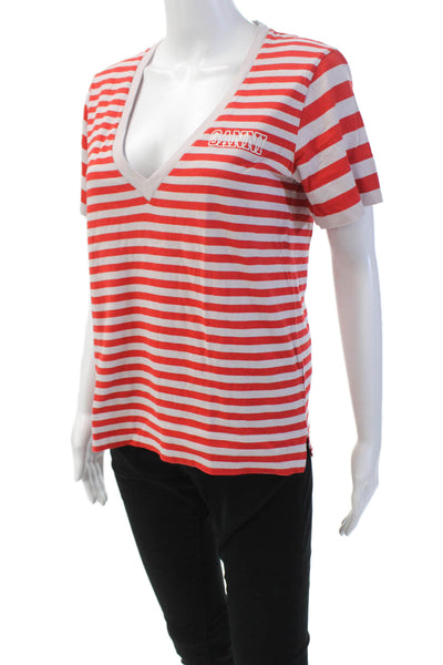 Ganni Womens Cotton V-Neck Short Sleeve Striped Print Casual Shirt Red Size 00