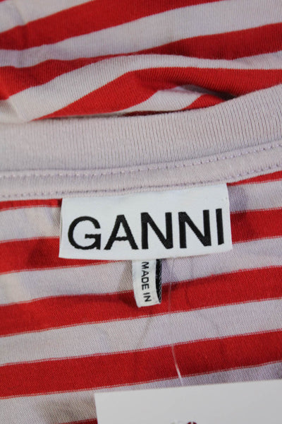 Ganni Womens Cotton V-Neck Short Sleeve Striped Print Casual Shirt Red Size 00
