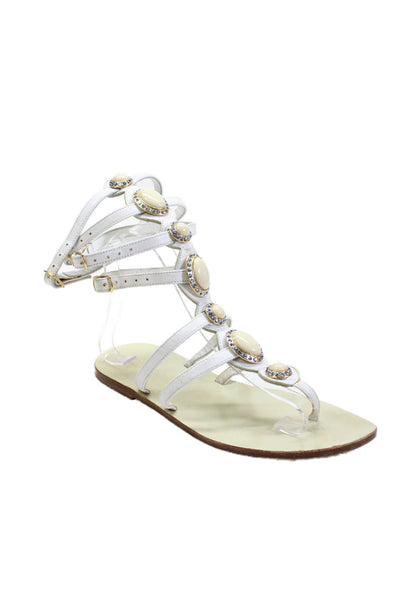Eddydaniele Womens Leather Jeweled Thong Gladiator Sandals White Size 38 8