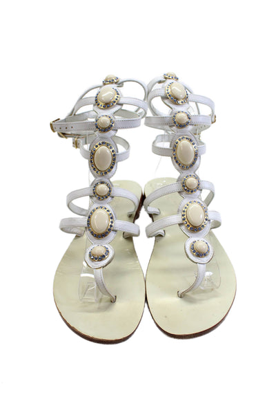 Eddydaniele Womens Leather Jeweled Thong Gladiator Sandals White Size 38 8