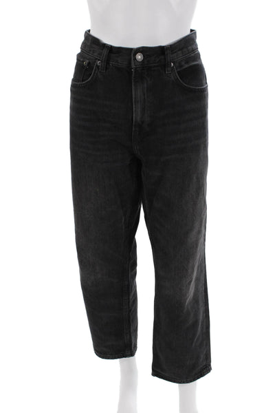 Zara Womens High Rise Zip Up Cropped Jeans Washed Black Cotton Size 10