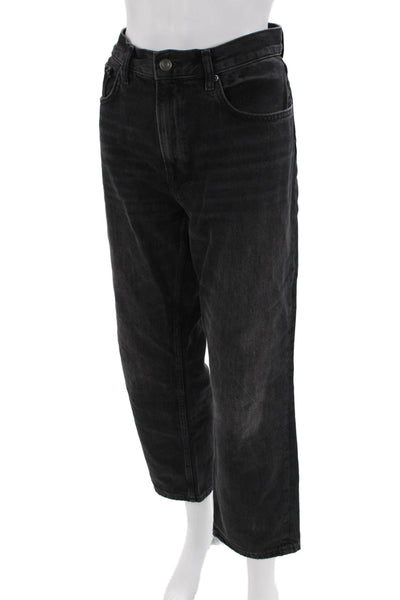 Zara Womens High Rise Zip Up Cropped Jeans Washed Black Cotton Size 10
