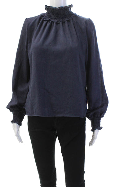 Warm Womens Smocked Detail High Neck Bishop Sleeve Blouse Dark Blue Size 2