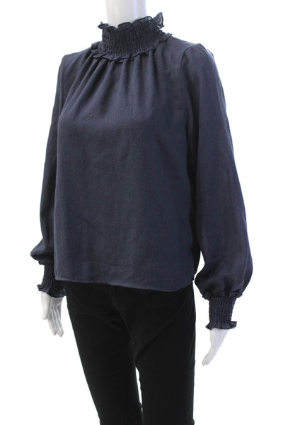 Warm Womens Smocked Detail High Neck Bishop Sleeve Blouse Dark Blue Size 2