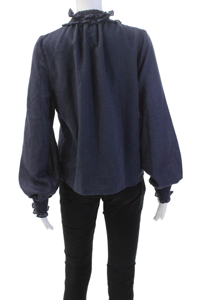 Warm Womens Smocked Detail High Neck Bishop Sleeve Blouse Dark Blue Size 2
