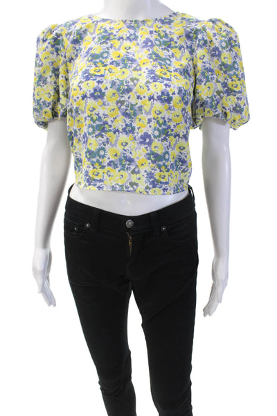 ASTR Womens Floral Print Short Sleeve Sheer Wrapped Crop Top Yellow Size M