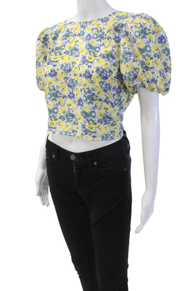 ASTR Womens Floral Print Short Sleeve Sheer Wrapped Crop Top Yellow Size M
