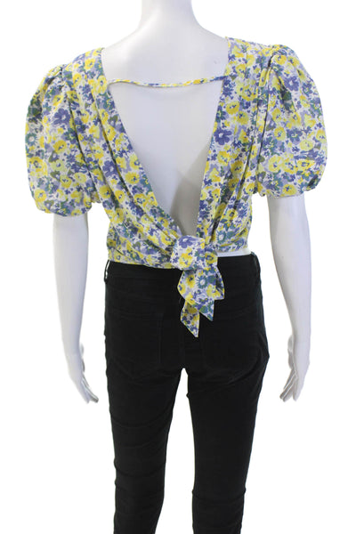 ASTR Womens Floral Print Short Sleeve Sheer Wrapped Crop Top Yellow Size M