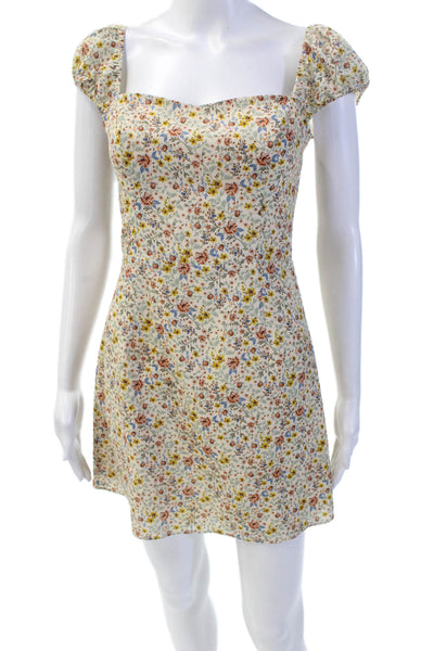 French Connection Womens Floral Print Puff Strap Detail Mini Dress Beige Size XS