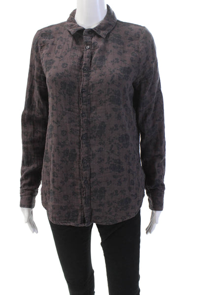 CP Shades Womens Cotton Floral Long Sleeve Button Up Blouse Top Purple Size XS