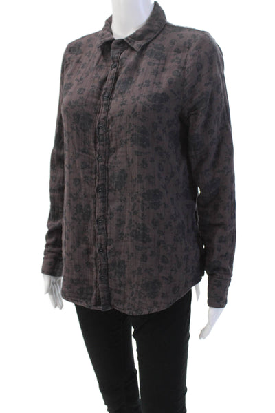 CP Shades Womens Cotton Floral Long Sleeve Button Up Blouse Top Purple Size XS