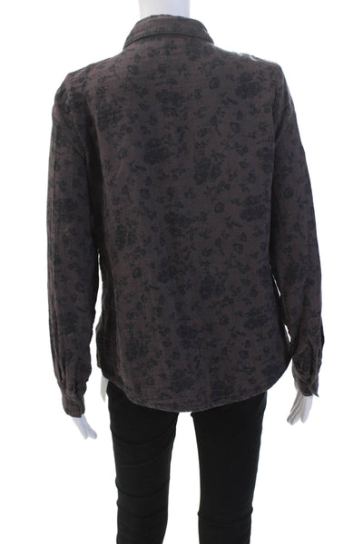 CP Shades Womens Cotton Floral Long Sleeve Button Up Blouse Top Purple Size XS