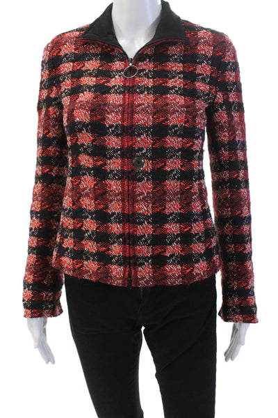 Akris Punto Womens Cotton Blend Checkered High Neck Zip Up Jacket Red Size 2