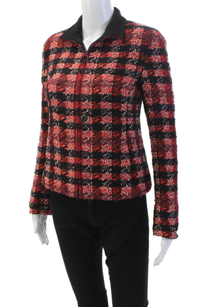 Akris Punto Womens Cotton Blend Checkered High Neck Zip Up Jacket Red Size 2