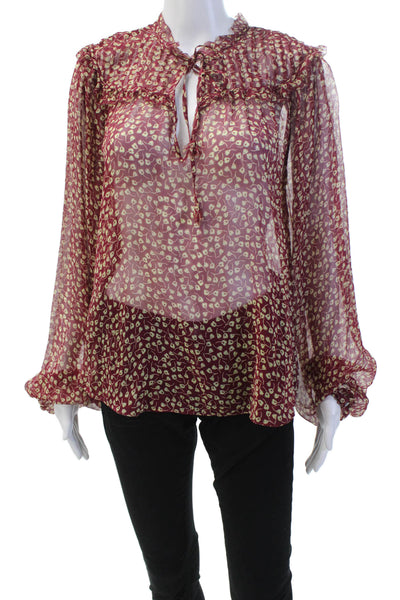 Joie Womens Sheer Floral Print Long Sleeve Pullover Blouse Top Burgundy Size XS