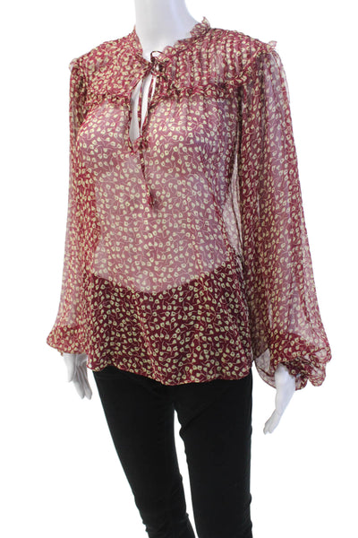 Joie Womens Sheer Floral Print Long Sleeve Pullover Blouse Top Burgundy Size XS