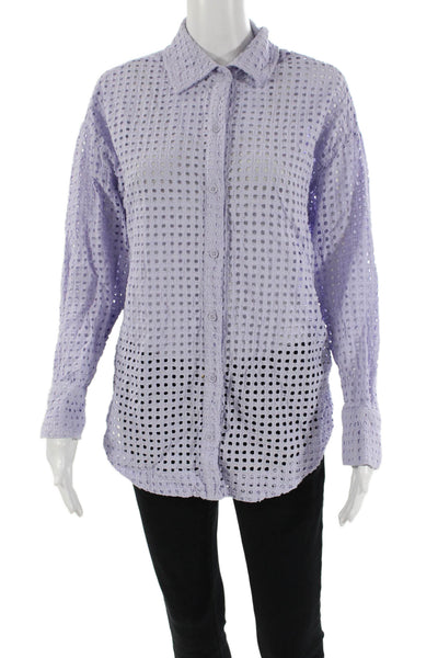 Steve Madden Womens Eyelet Button Down Shirt Lavender Purple Cotton Size Small