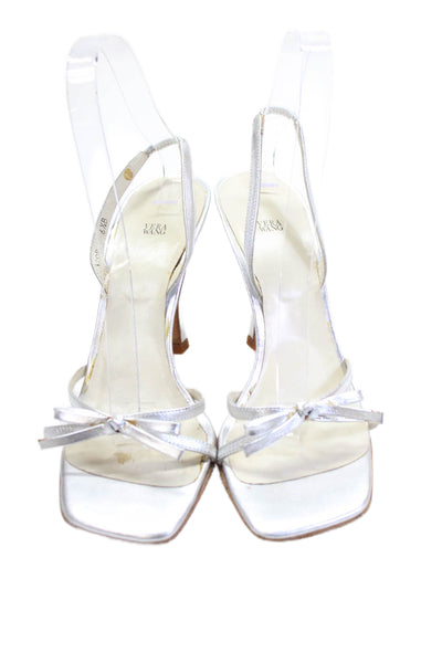 Vera Wang Womens Stiletto Metallic Bow Slingback Sandals Silver Leather Size 6.5
