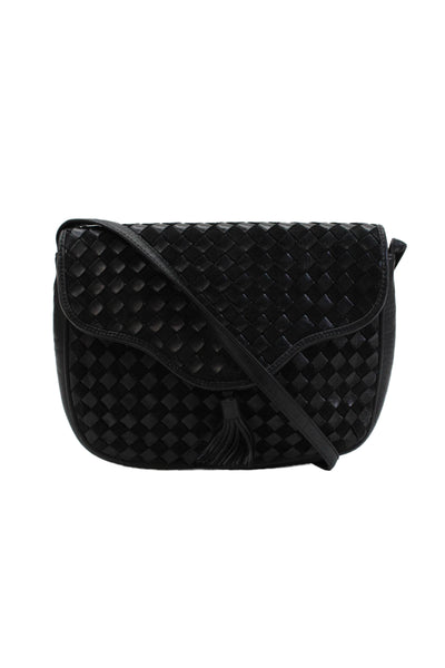 Diana Venezia Womens Single Strap Woven Tassel Flap Vintage Handbag Black Suede