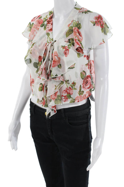 Show Me Your Mumu Womens Short Sleeve Floral Printed Sheer Top White Size S