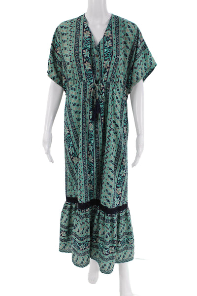 BOEMOS Womens Floral Print Buttoned Tassel Tied Maxi Shift Dress Green Size M