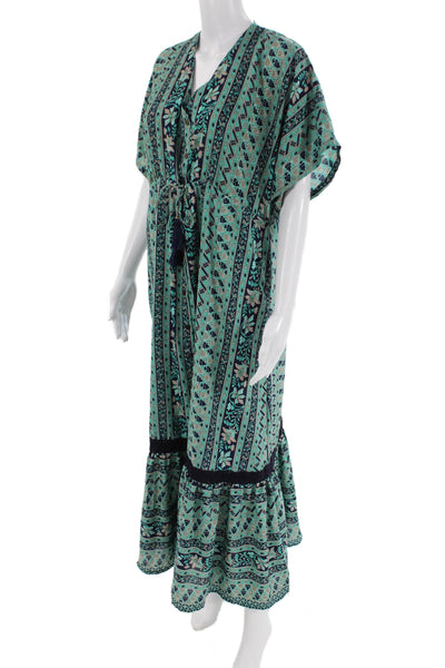 BOEMOS Womens Floral Print Buttoned Tassel Tied Maxi Shift Dress Green Size M