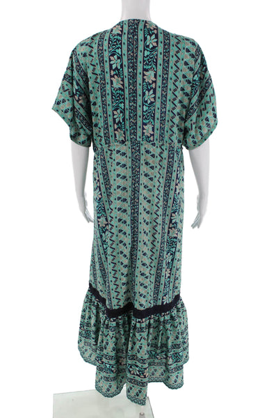 BOEMOS Womens Floral Print Buttoned Tassel Tied Maxi Shift Dress Green Size M