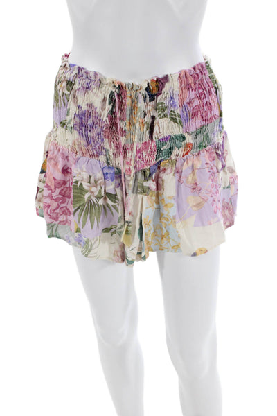 Zara Womens Cotton Elastic Waistband Drawstring Floral Casual Shorts Multi Size