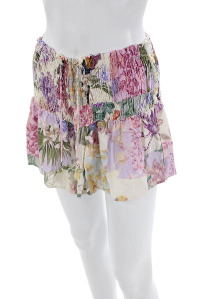 Zara Womens Cotton Elastic Waistband Drawstring Floral Casual Shorts Multi Size